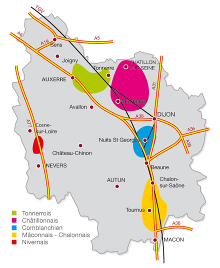 Carte des bassins d'extraction des pierres de Bourgogne